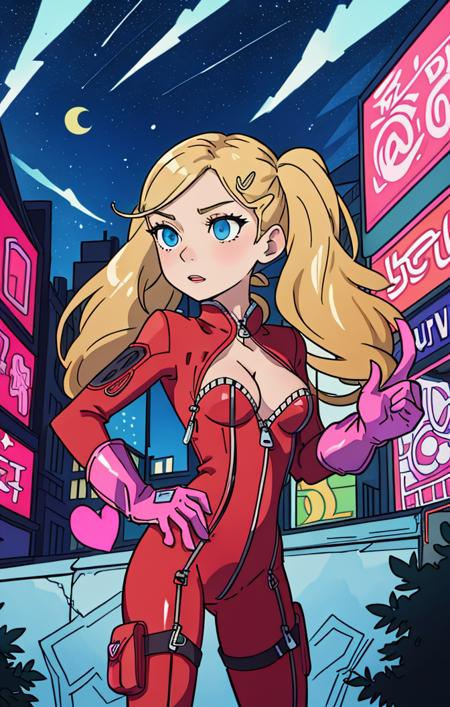 50655-2906310769-anime illustration, best shadows, crouching, nighttime, city background, starry sky, (red bodysuit_1.1), zipper, hand on hip, an.png